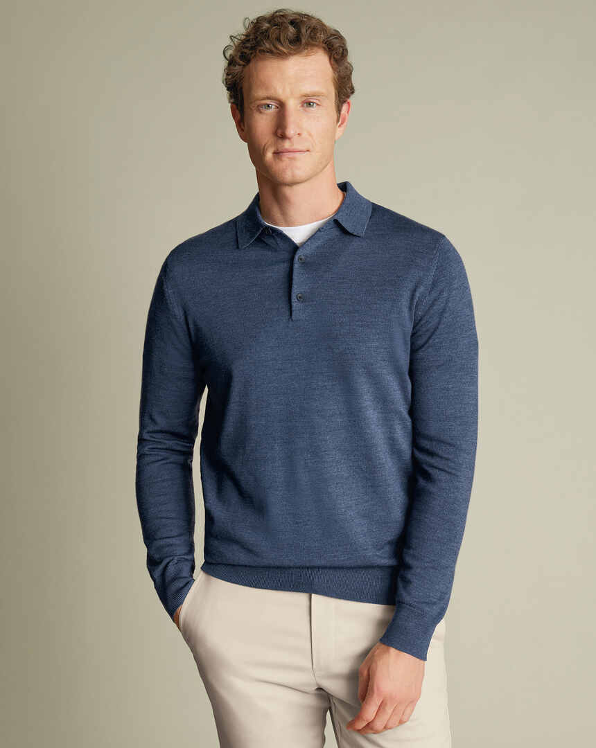 Pull en laine mérinos à col polo - Indigo